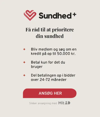 Sundhed+: Få råd til at prioritere din sundhed. Bliv medlem og søg om en kredit på op til 50.000 kr., betal kun for det du bruger, og del betalingen op over 24-72 måneder.